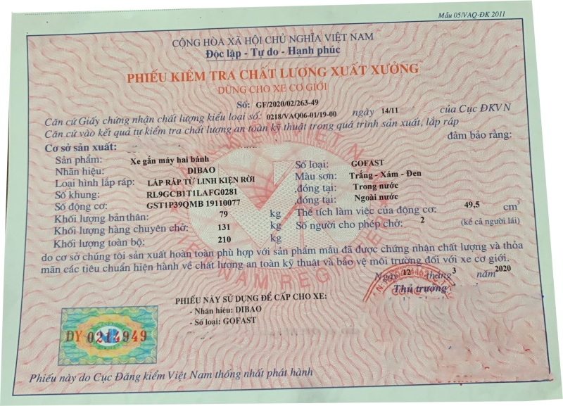 Phiếu kiểm tra chất lượng xuất xưởng