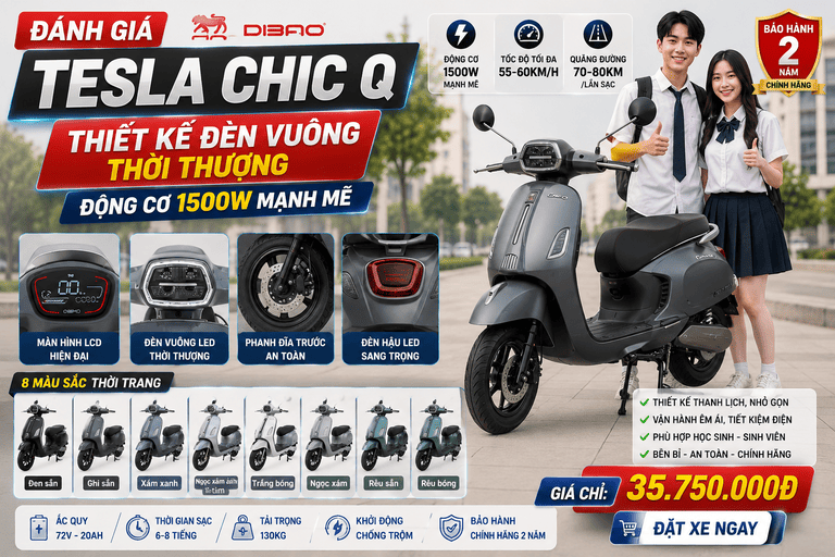 Đánh Giá Xe Máy Điện Dibao Tesla Chic Q: Thiết Kế Đèn Vuông Thời Thượng, Động Cơ 1500W Mạnh Mẽ