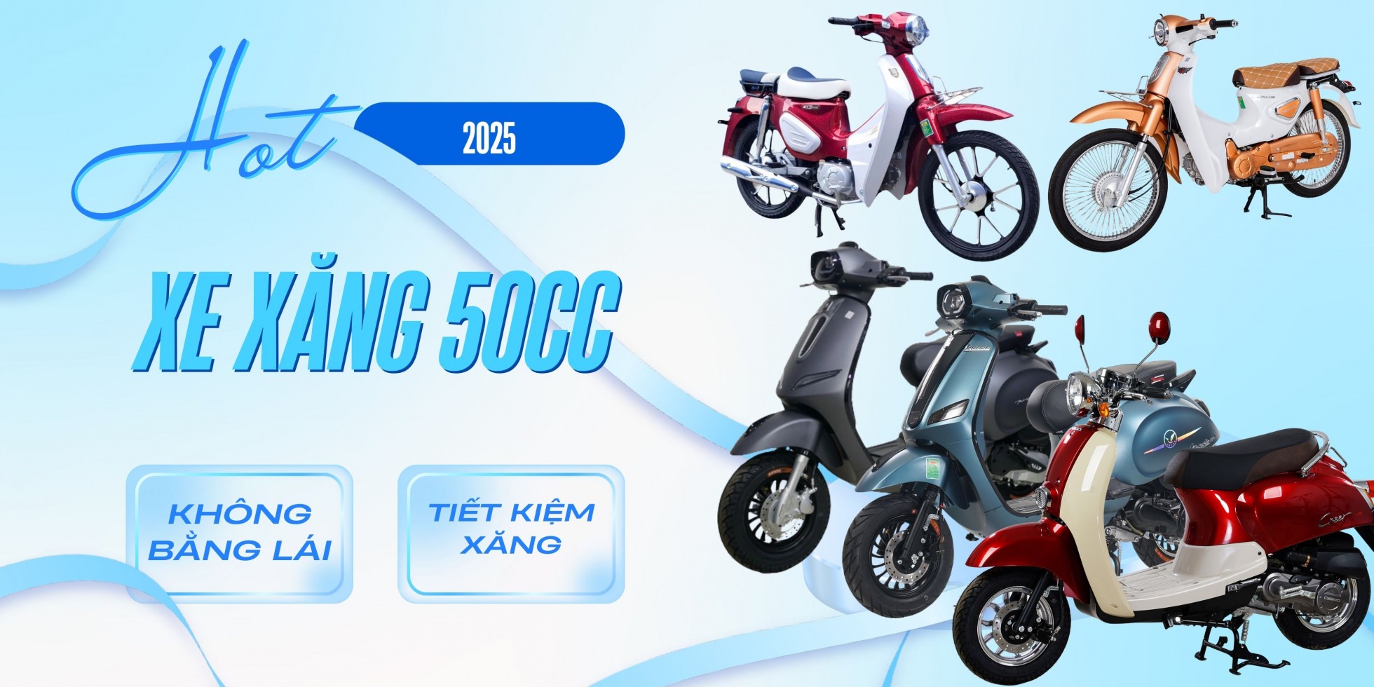 Top các loại xe xăng 50cc đẹp nhất 2025 - Victoria, Dibao, DK Bike, Motor Thái, Ally