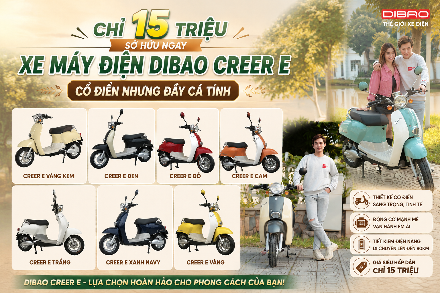 Chỉ 15 Triệu Sở Hữu Ngay Xe Máy Điện Dibao Creer E - Cổ Điển Nhưng Đầy Cá Tính