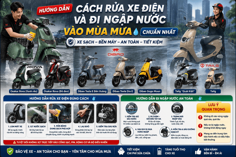 Hướng Dẫn Cách Rửa Xe Điện Và Đi Ngập Nước Vào Mùa Mưa Chuẩn Nhất