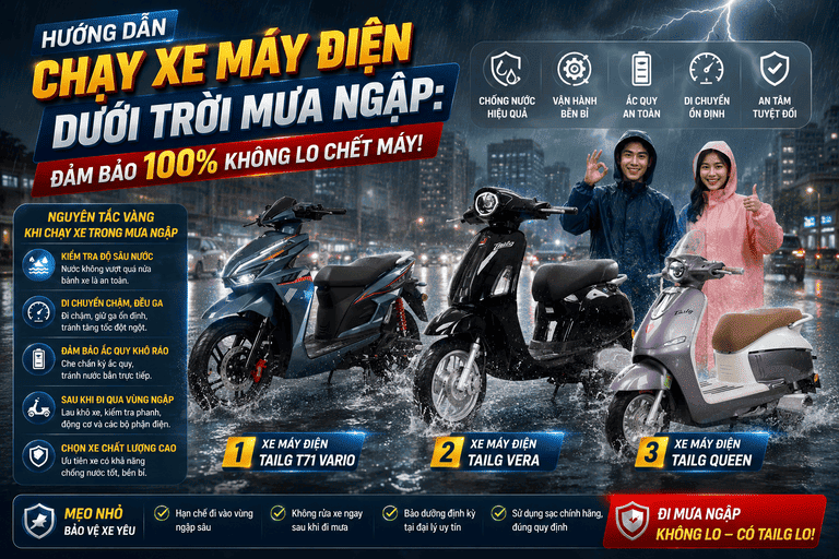 Hướng Dẫn Chạy Xe Máy Điện Dưới Trời Mưa Ngập: Đảm Bảo 100% Không Lo Chết Máy!